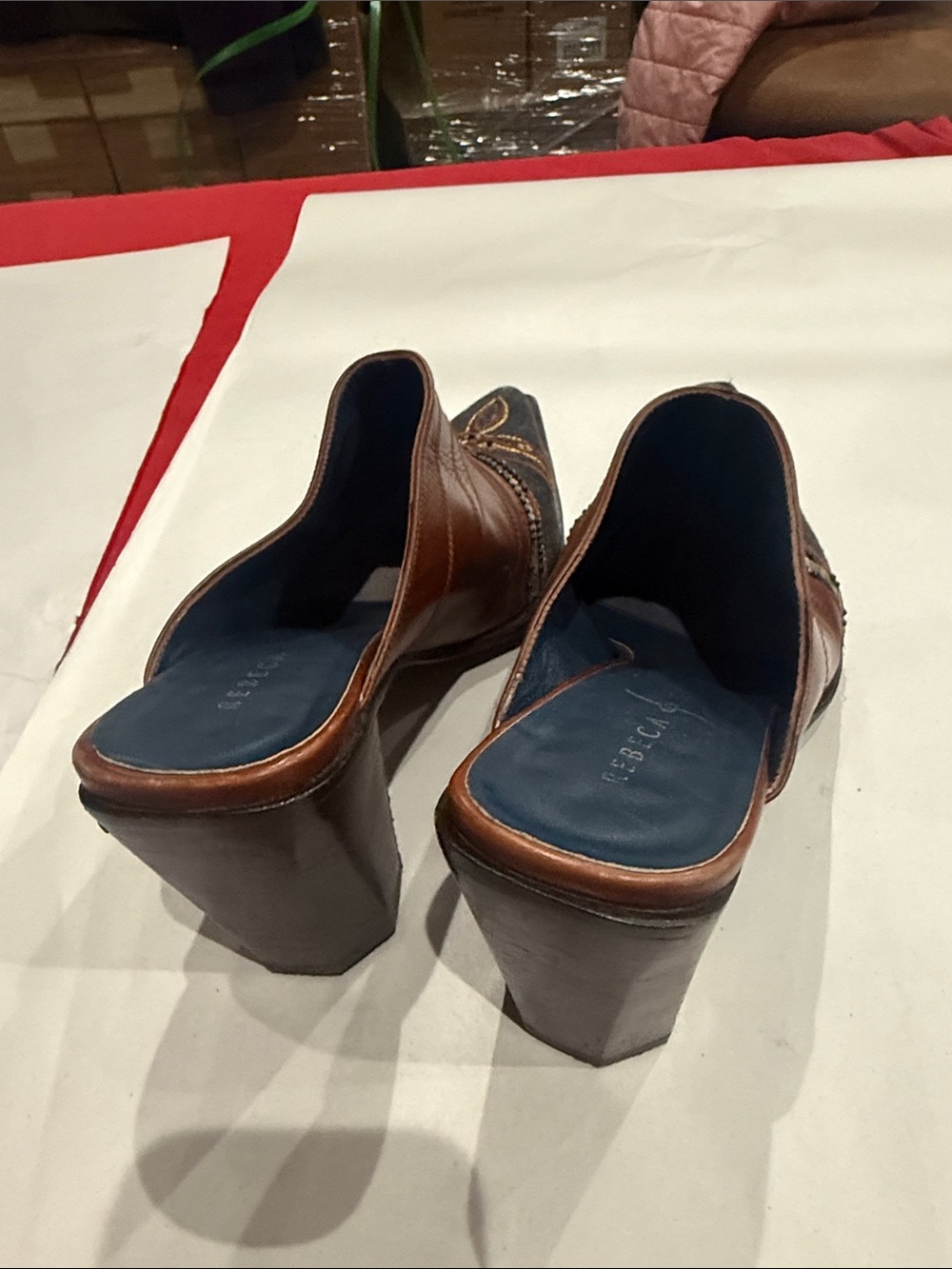 Rebeca Sanver Brown Leather and Navy Embroidered Mule Heels - Picture 3 of 5